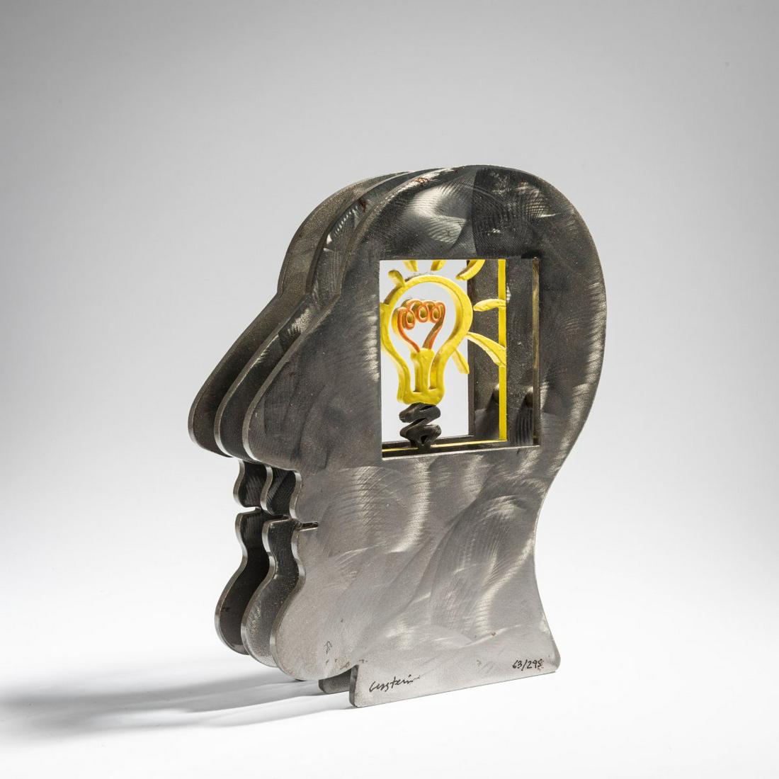 David Gerstein, 'Head (What an idea)', probably 2007: David Gerstein, 'Head (What an idea)', probably 2007, David Gerstein, 'Head (What an idea)', probably 2007. Three layers of stainless steel, partly colored. 26.0 x 20.0 x 6.8 cm. Signed lower left: Ge