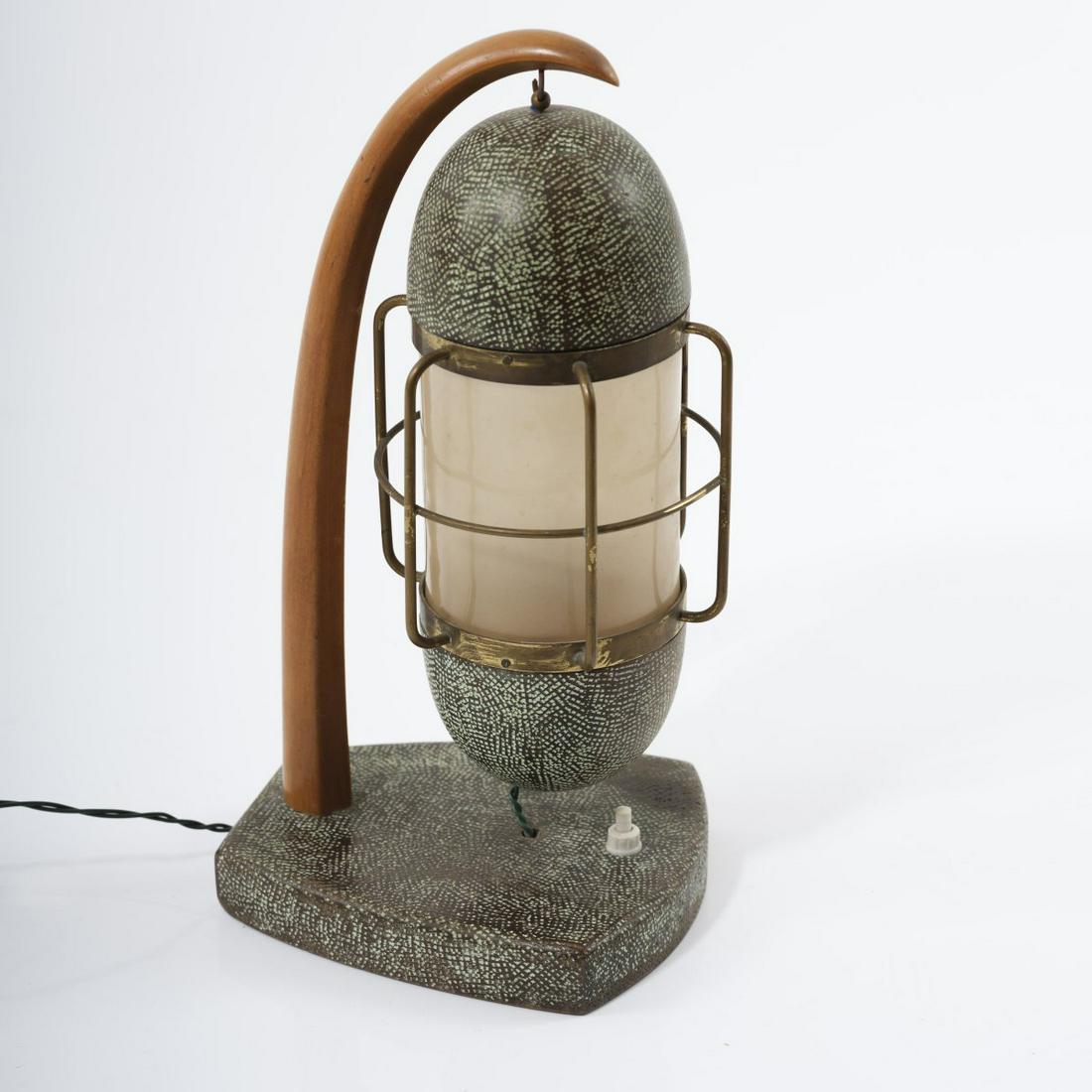 Aldo Tura (attr.), Table light, 1940s: Aldo Tura (attr.), Table light, 1940s, H. 34 cm, D. 15 cm. Made by Tura, Milano (attr.). Walnut, partially covered with imitation ray skin, brass rods, white plastic.,