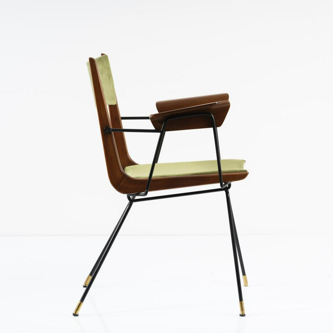 Gastone Rinaldi (attr.), Armchair, c. 1955: Gastone Rinaldi (attr.), Armchair, c. 1955, H. 81 x 61 x 56.5 cm. Made by Rima, Padua (attr.). Tubular metal painted black, plywood with walnut veneer, textile cover, green.,