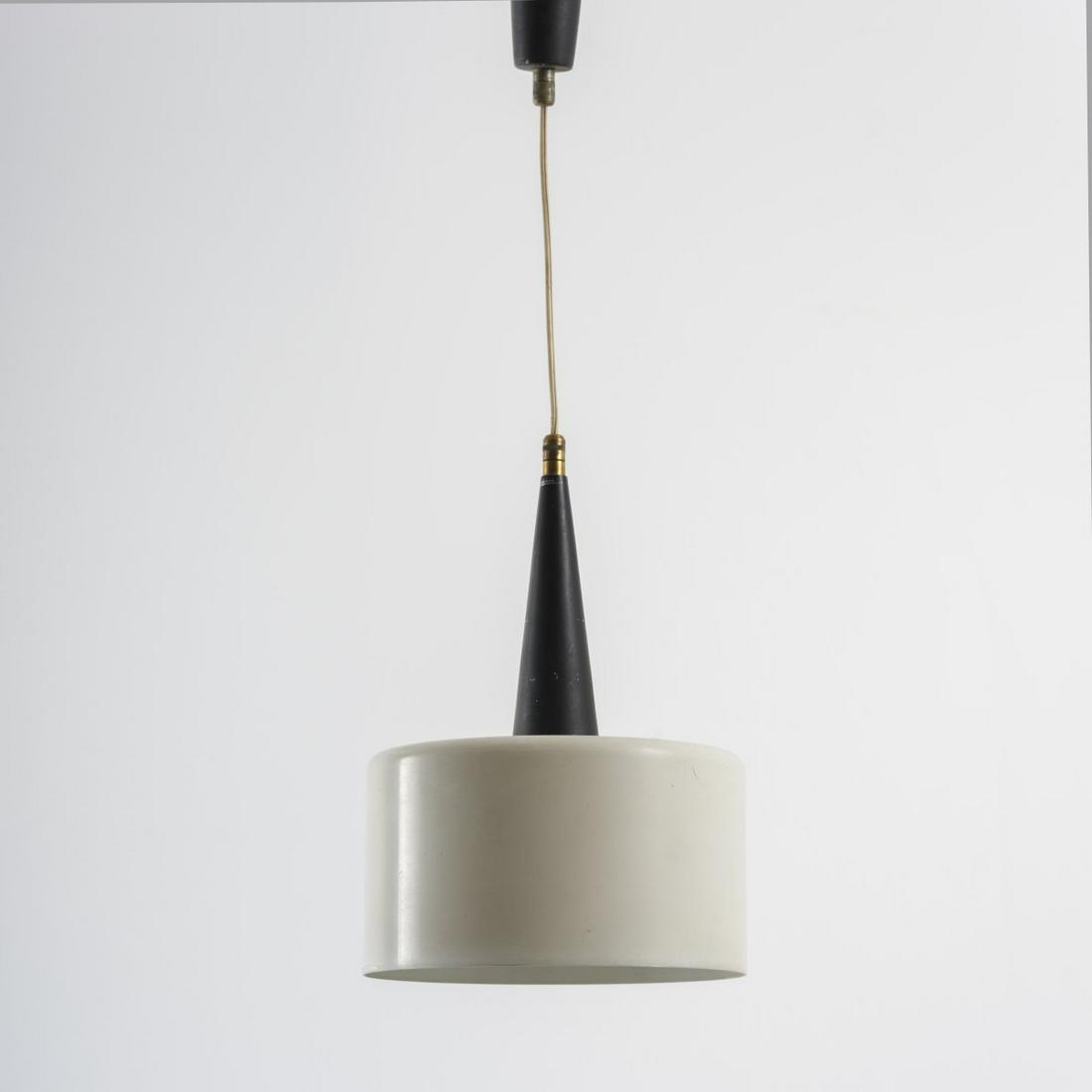 Stilnovo, Milan, Pendant light, 1957: Stilnovo, Milan, Pendant light, 1957, H. 58.5 cm, D. 19.5 cm. Sheet metal, painted white and black, brass.,