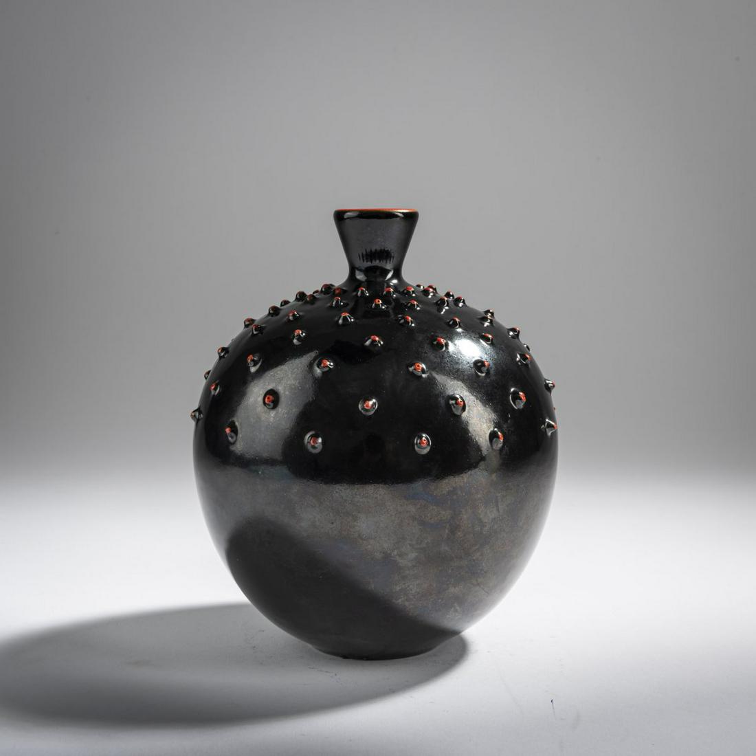 Richard Ginori, San Christoforo, Vase, 1950s: Richard Ginori, San Christoforo, Vase, 1950s, H. 17.8 cm. Earthenware, glazed black and orange-red. Marked: manufacturer's mark, NC (green glaze stamp), 6231, 327 T (black, handwritten).,
