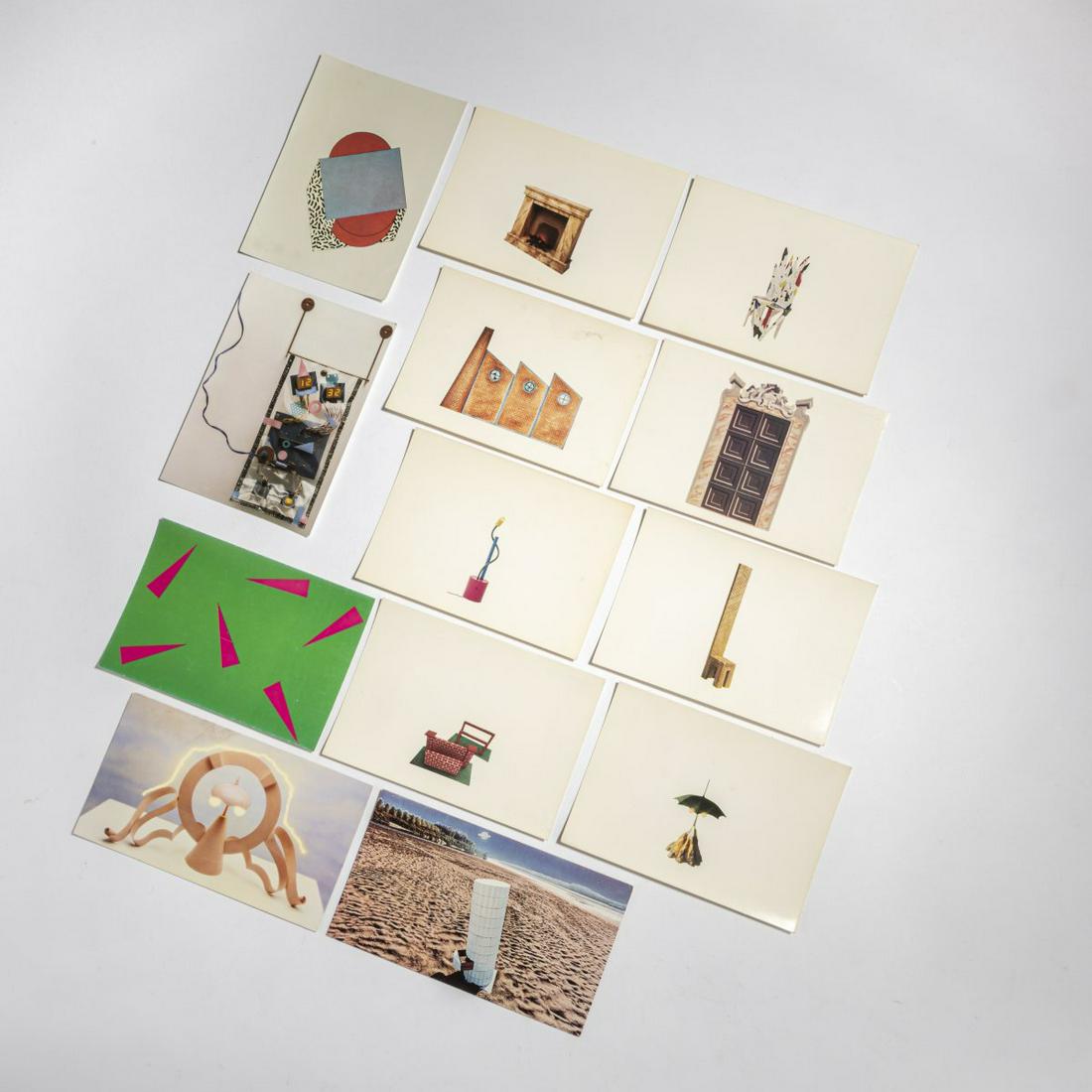 Andrea Branzi; Michele De Lucchi; Bruno Gregori;: Andrea Branzi; Michele De Lucchi; Bruno Gregori; Alessandro Guerriero; Ettore Sottsass and others, Set of 13 postcards, 1970 / 80s, 10.5 x 15 cm, or 9.5 x 16.3 cm. Made by Galeria dei Lucidi Inganni,