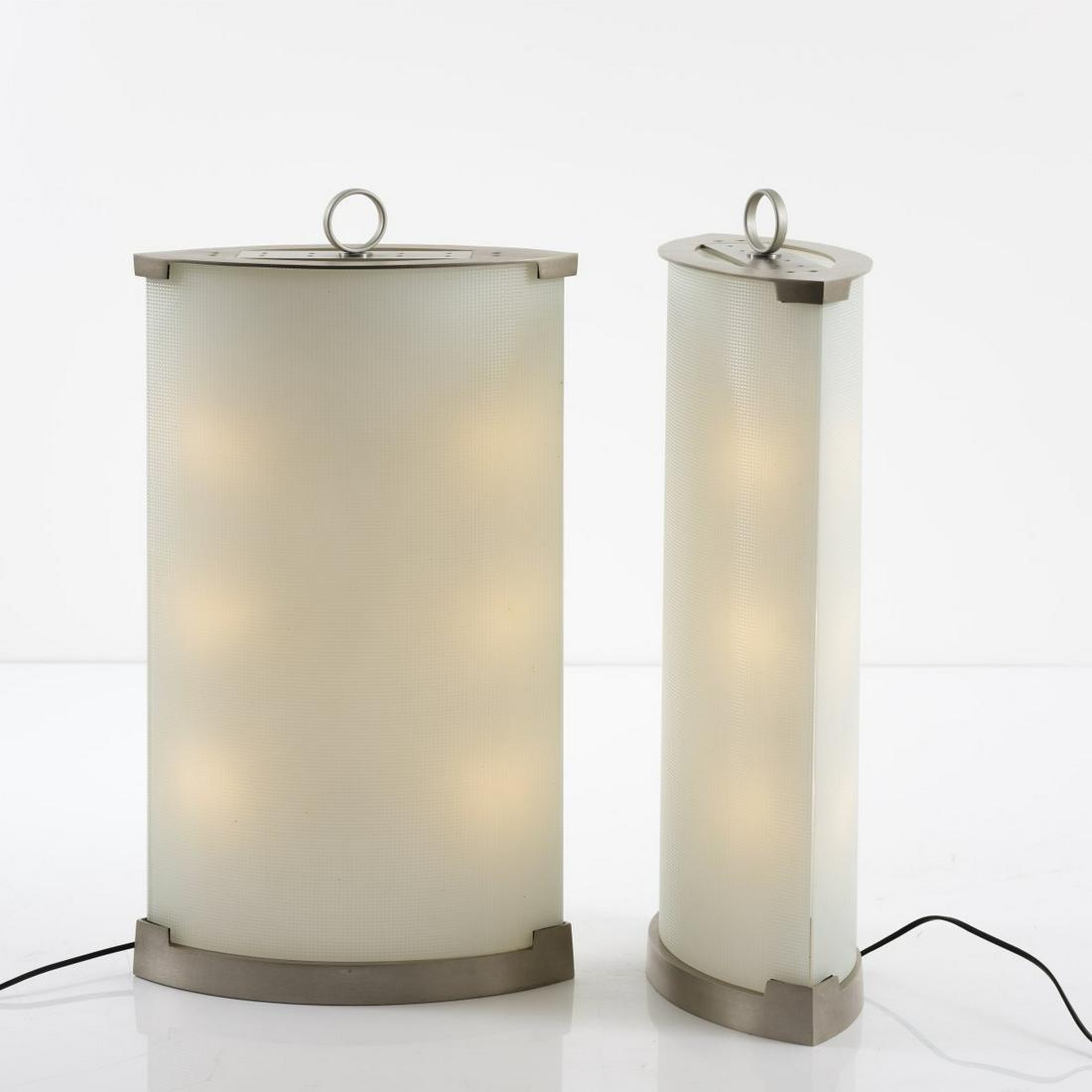 Gio Ponti, Two 'Pirellina' floor lamps, 1967: Gio Ponti, Two 'Pirellina' floor lamps, 1967, H. 70 x 38 x 17 cm. Made by Fontana Arte, Milan. Cast aluminium, painted grey, glass, matt and corrugated, metal rods, painted white. Marked: manufacturer