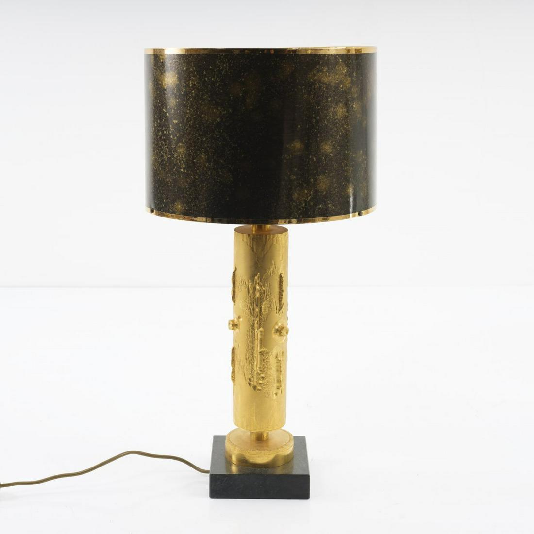 Angelo Brotto (attr.), Table light, c. 1968: Angelo Brotto (attr.), Table light, c. 1968, H. 71 cm, D. 35.5 cm. Made by Esperia, Poggibonsi (attr.). Bronze, gold-plated, stone base, paper shade, painted dark grey.,