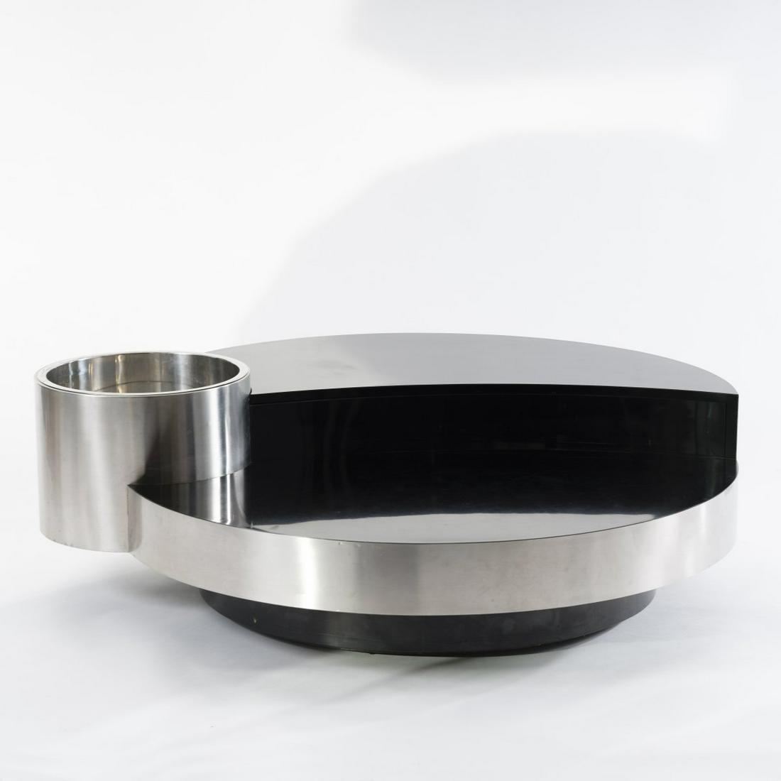 Massimo Papiri, 'Harry's Bar' bar table, c. 1970: Massimo Papiri, 'Harry's Bar' bar table, c. 1970, H. 44 x 136 x 120 cm. Made by Mario Sabot, Manzano Udine. Wood, chipboard, plywood, with black plastic coating, partially painted black, stainless she