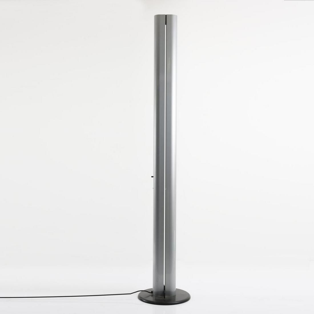 Gianfranco Frattini, 'Megaron' floor lamp, 1979: Gianfranco Frattini, 'Megaron' floor lamp, 1979, H. 180 cm. Made by Artemide, Milan. Sheet metal, anodised silver, plastic, sheet metal, painted black. Marked: manufacturer's stamp., Gramigna, Reperto