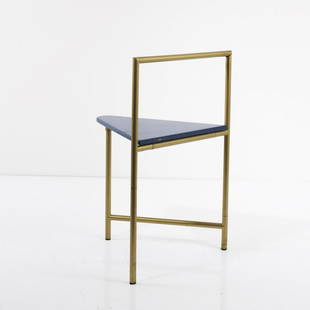 William Sawaya, Pre-series folding chair, 1990: William Sawaya, Pre-series folding chair, 1990, H. 72 x 47 x 42 cm; folded: H. 72 x 47 x 4 cm. Made by Sawaya & Moroni, Milan. Tubular metal, brass-coloured, wood, painted blue. Marked: