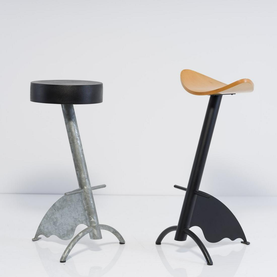Maurizio Peregalli , Two 'Platform' bar stools, 1996: Maurizio Peregalli , Two 'Platform' bar stools, 1996, H. 76.5 x 42 x 39.5 cm; H. 72 x 42 x 39.5 cm. Made by Zeus Noto, Savonarola. Tubular metal, sheet metal, galvanised or painted black, plywood, bla