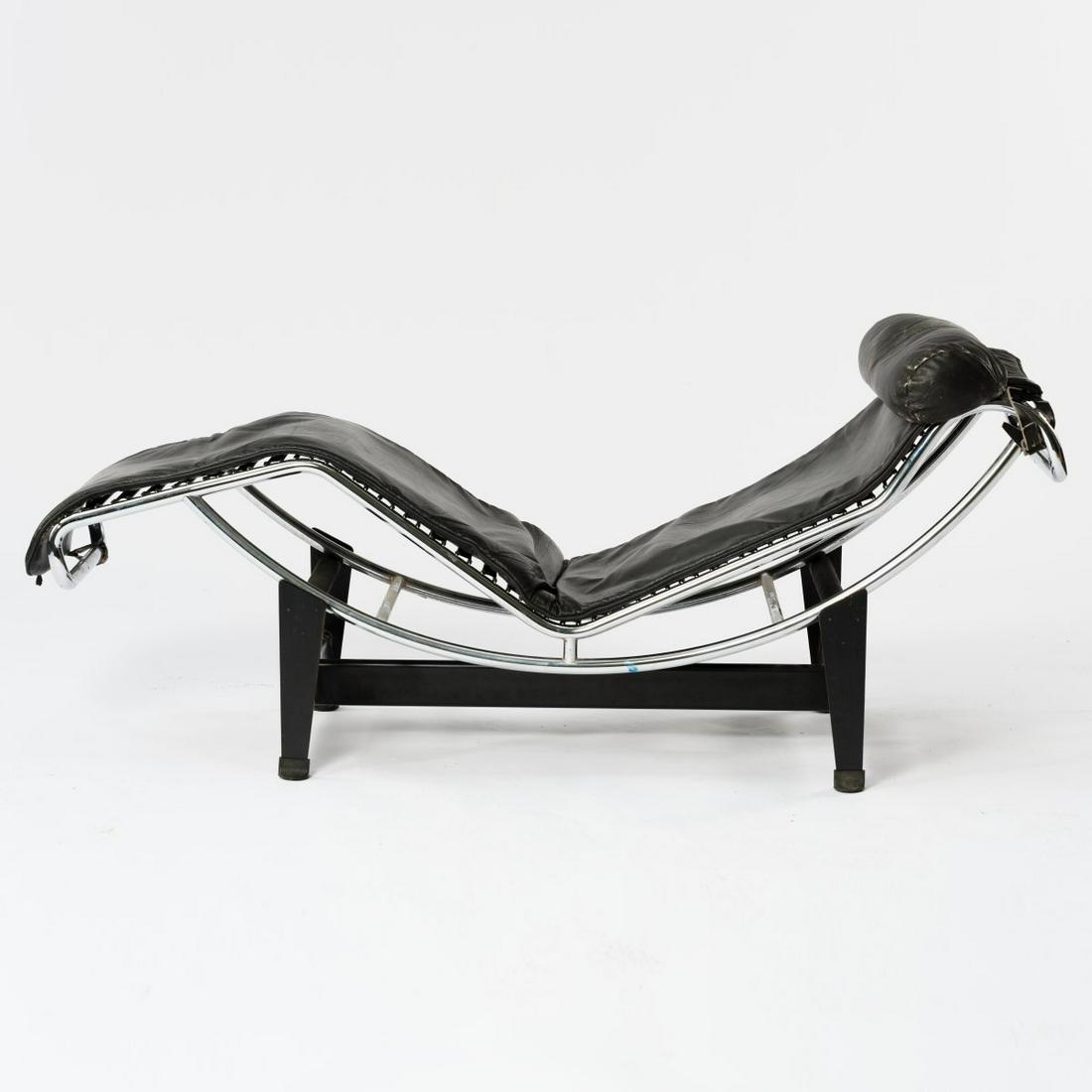 Le Corbusier; Charlotte Perriand; Pierre Jeanneret,: Le Corbusier; Charlotte Perriand; Pierre Jeanneret, Lounger 'LC 4', 1928, H. 70 x 159 x 90 cm. Made by Cassina, Milan. Metal frame, painted black, tubular metal, chrome-plated, black leather. Marked: