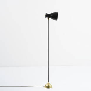 Dieter Schulz, '57/4 16' floor light, 1950: Dieter Schulz, '57/4 16' floor light, 1950, H. 110 cm, D. 12 cm. Cast metal, tubular metal and sheet metal, painted black, sheet brass. , Neue Sammlung Munich, Seit Langem bewährt, Munich 1968, n