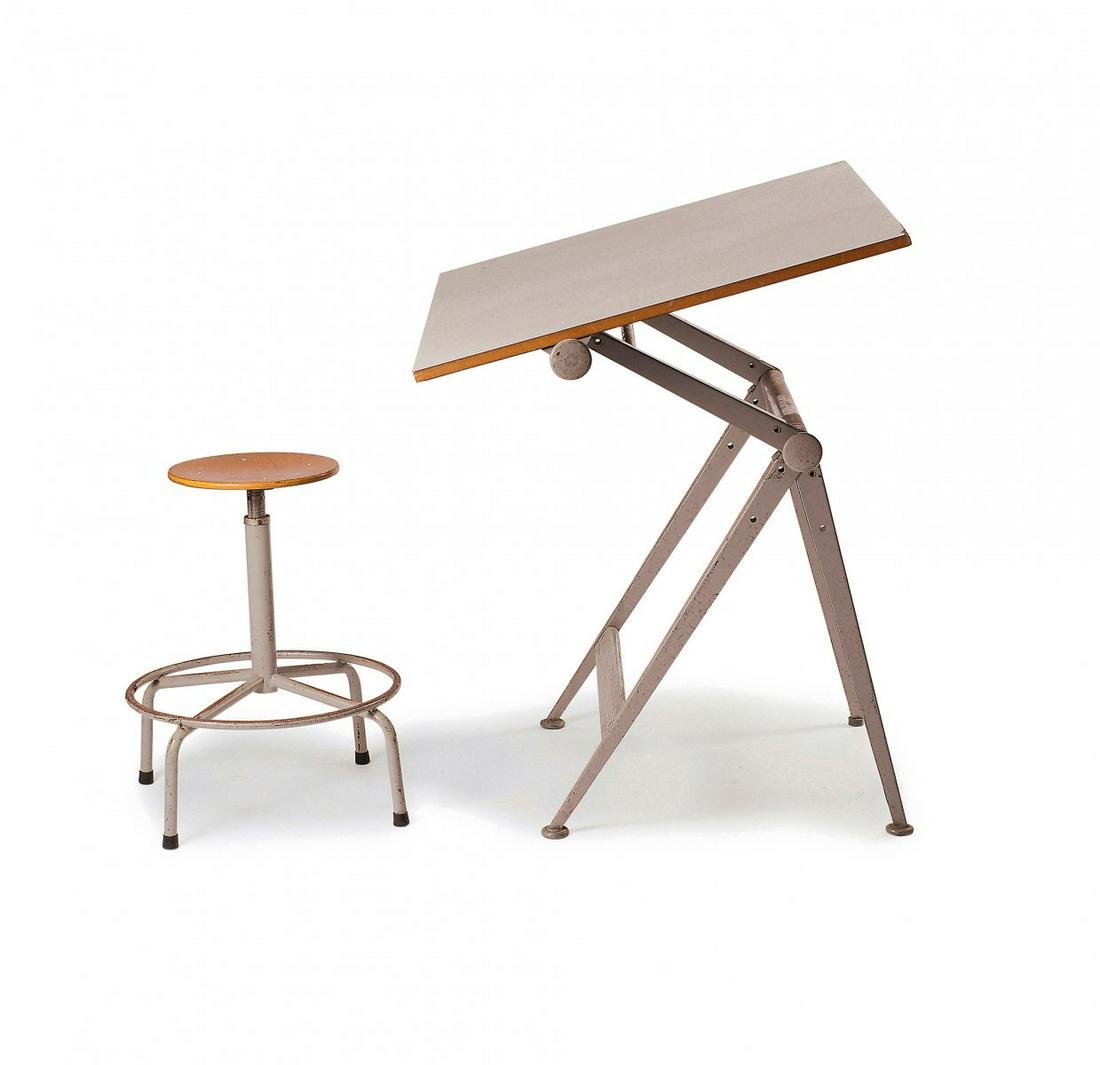 Friso Kramer; Wim Rietveld, 'Reply' drawing desk and: Friso Kramer; Wim Rietveld, 'Reply' drawing desk and stool, 1954, Desk: H. 77 x 110 x 80 cm; adjustable stool: H. 67 cm; D. 56 cm. Made by Ahrend Cirkel, Den Haag. Steel, painted grey, tabletop: white