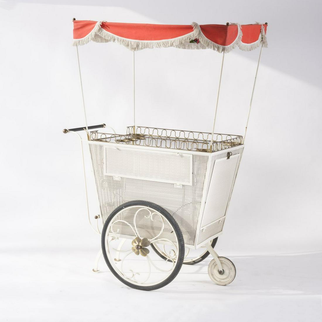 Germany, Liquor cart, c. 1955: Germany, Liquor cart, c. 1955, H. 104 x 76 x 113 cm (with canopy 180 x 98 x 113 cm). Sheet metal, tubular metal, perforated sheet metal, painted white, tubular brass, sheet brass, black laminate, red 