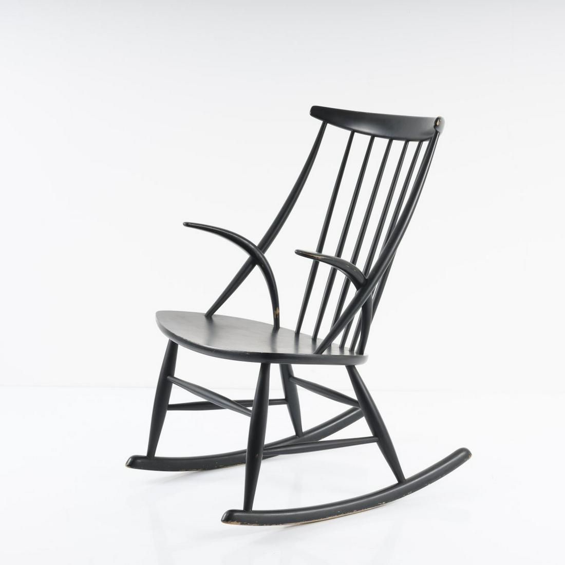 Illum Wikkelsø, Rocking chair 'Gyngestol No. 3',: Illum Wikkelsø, Rocking chair 'Gyngestol No. 3', 1958, H. 92.5 x 58 x 70.5 cm. Made by N. Eilersen, Skamby, Denmark. Wood, painted black. Marked: Danish quality seal, embossing., Hansen / Peter