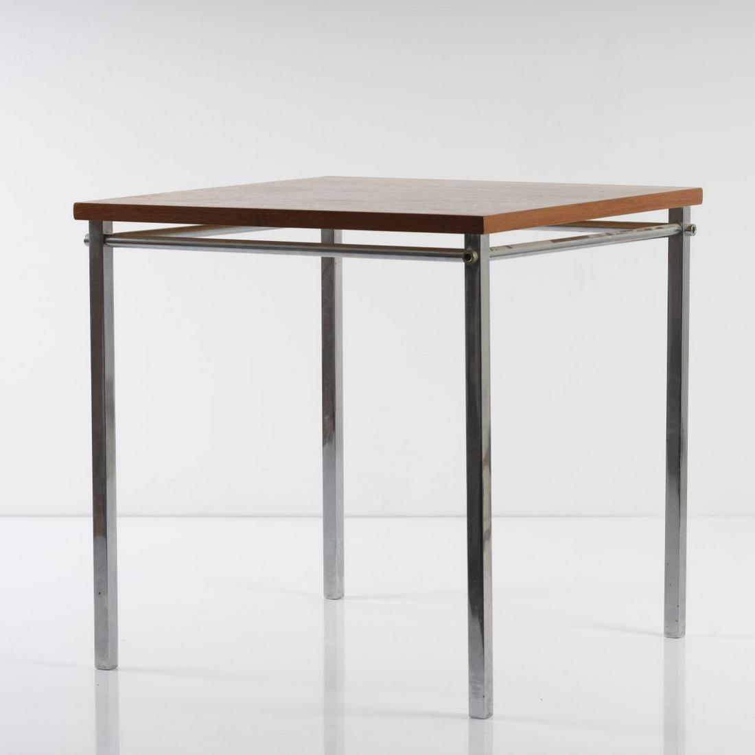 Ernst Moeckl; Karl Heinz Bergmiller, 'SBM 680' side: Ernst Moeckl; Karl Heinz Bergmiller, 'SBM 680' side table, 1958, H. 58 x 57 x 57 cm. Made by Wilde & Spieth, Esslingen. Square metal tube, tubular metal, chrome-plated, leather, teak veneer. Marke