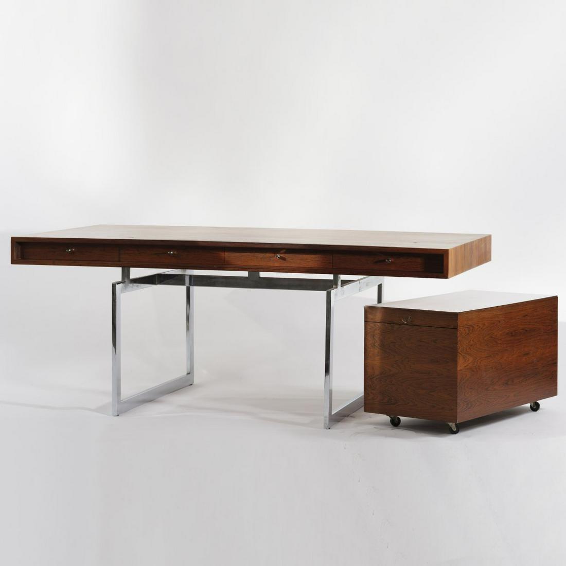 Bodil Kjaer, Writing desk with container, c. 1959: Bodil Kjaer, Writing desk with container, c. 1959, H. 73 x 184 x 92 cm. Made by E. Pedersen & Son, Denmark. Wooden construction, walnut veneer, stained dark, oakwood, square metal tube, white form