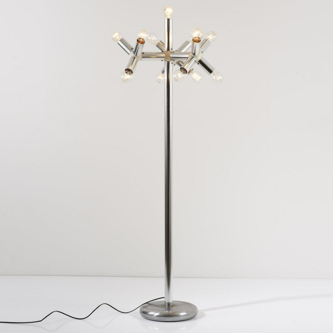 Trix Haussmann; Robert Haussmann, 'Light structure': Trix Haussmann; Robert Haussmann, 'Light structure' floor lamp, 1965, H. 152 cm. Made by Swiss Lamps Int., Zurich. Tubular metal, sheet metal, chrome-plated, white plastic., Zwicky (Ed.), Schweizer M&