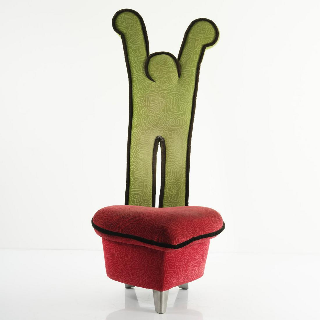 Keith Haring (after), 'Hurrah' high-back chair, c. 1998: Keith Haring (after), 'Hurrah' high-back chair, c. 1998, H. 145 x 70 x 90 cm. Made by Bretz, Gensingen. Cast aluminium, textile cover, red, green and black. Marked: Manufacturer's mark in the fabric.,