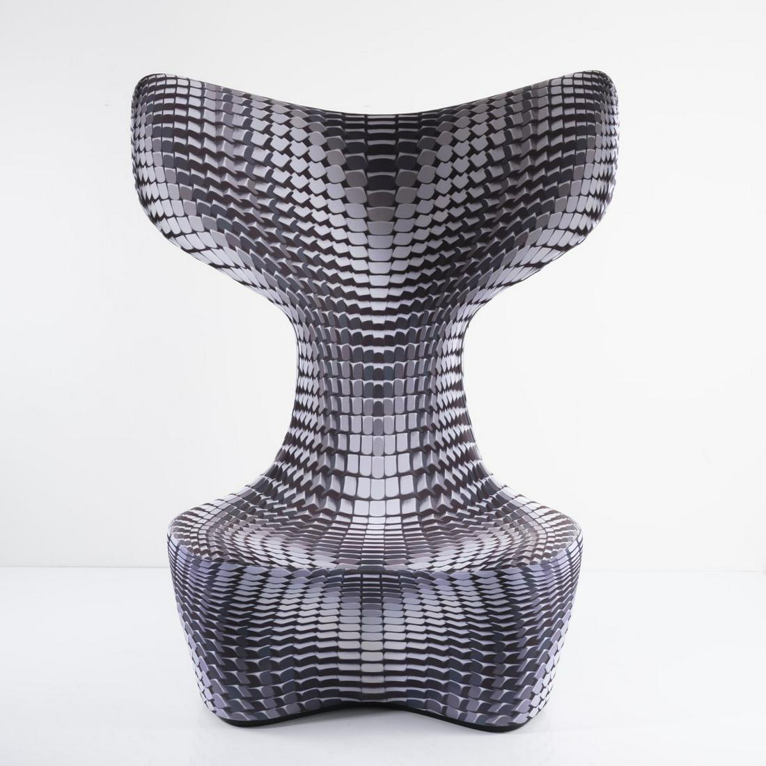 Mac Stopa, 'Drum Chair No. 1', 2016: Mac Stopa, 'Drum Chair No. 1', 2016, H. 146 x 109 x 85 cm. Made by Cappellini, Milan. Textile cover, white-grey-violet Op-Art decor.,