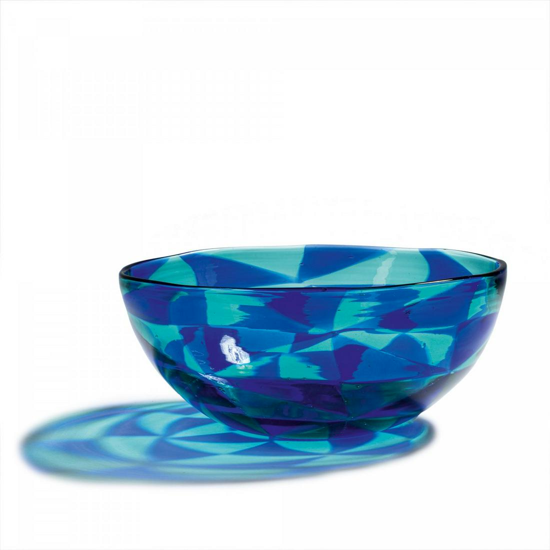Ercole Barovier, 'Intarsio' bowl, 1961-63: Ercole Barovier, 'Intarsio' bowl, 1961-63, H. 10,7 cm; D. 25,3 cm. Made by Barovier & Toso. Clear glass with melted green and blue triangular platelets. , Cf. Marina Barovier, Art of the Barovier,