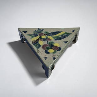 Hilda Jesser, Coaster, 1921: Hilda Jesser, Coaster, 1921, H. 4.7 cm, 17 x 19.5 cm. Made by Wiener Werkstätte. Majolica, polychrome glaze on white. Marked: WW, MADE IN AUSTRIA, 819 (embossed).,