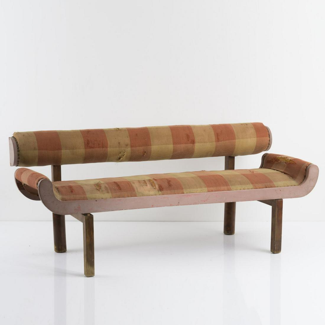 Franz Singer; Friedl Dicker, Sofa, 1920s: Franz Singer; Friedl Dicker, Sofa, 1920s, H. 74 x 176 x 67 cm. Wood, stained dark, partially rose-coloured, red and white, original textile.,