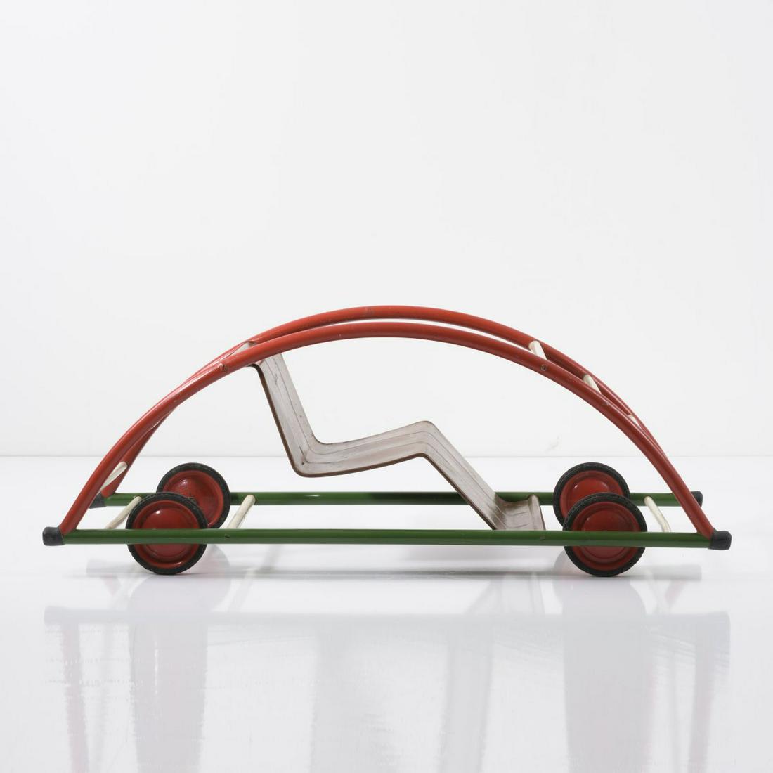 Hans Brockhage, Rocking chair/car (variation), 1950: Hans Brockhage, Rocking chair/car (variation), 1950, H. 37 x 98.5 x 36.5 cm. Made by Siegfried Lenz, Pirna. Tubular steel, painted green and red, white plastic, sheet metal, painted brown, red metal w