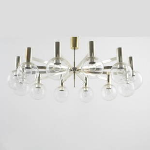 Ott International lights, Pinneberg, Ceiling light,: Ott International lights, Pinneberg, Ceiling light, 1960s, H. 50 cm, D. 112 cm. Tubular brass, sheet brass, silver-plated, colourless glass. ,