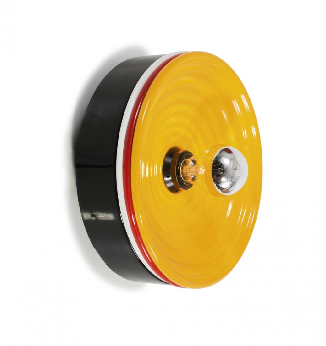 Ingo Maurer,: Ingo Maurer, 'Moonlight' wall light, 1970s, D. 27.5 cm. Made by Design M Ingo Maurer, Munich. Sheet metal, painted black, yellow, red and white. Marked: Manufacturer's label. ,
