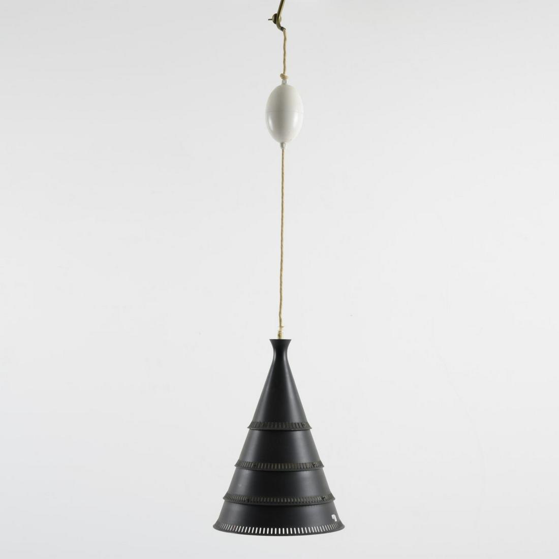 Knud Hjerting, Ceiling light, c. 1950: Knud Hjerting, Ceiling light, c. 1950, H. 44 cm, D. 31 cm. Made by Lyfa, Ballerup (attr.). Perforated sheet aluminium, painted black. ,