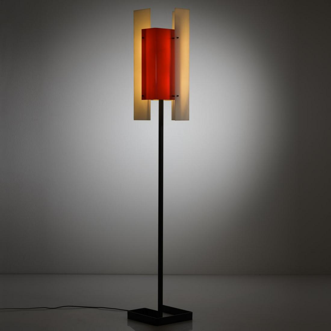 Jean Boris Lacroix, '315' floorlamp, c. 1955: Jean Boris Lacroix, '315' floorlamp, c. 1955, H. 162 x 25 x 25 cm. Made by Luminalite, Paris. Strip metal, square metal tube, painted black, sheet metal, painted black and white, plexiglass, red and w