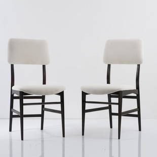 Edmondo Palutari, 2 side chairs, 1950s: Edmondo Palutari, 2 side chairs, 1950s, H. 91 x 44 x 58 cm. Made by Dassi, Lissone. Wood, painted black, white textile cover.,