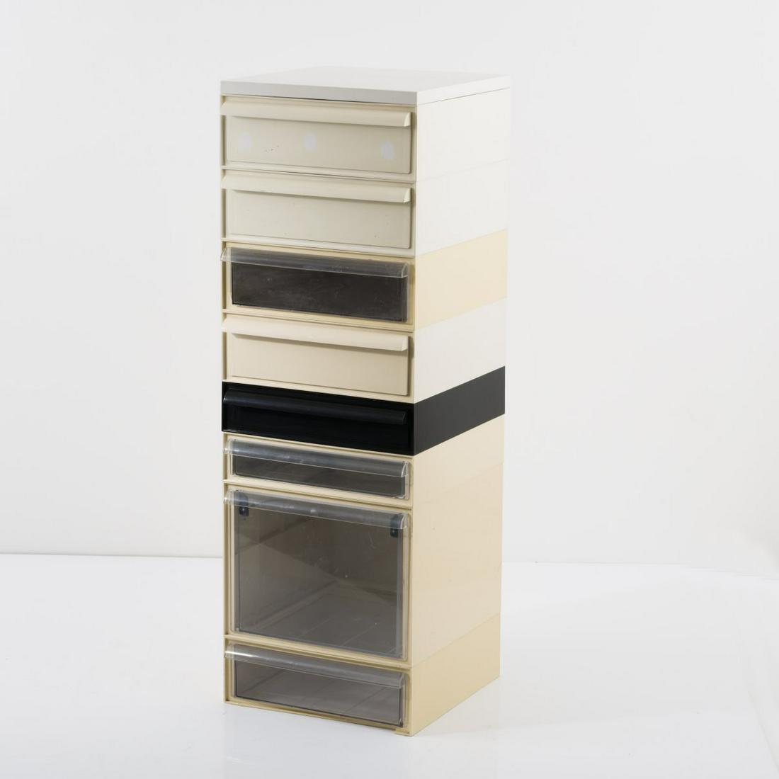 Simon Fussell, '4601' cabinet, 1970: Simon Fussell, '4601' cabinet, 1970, H. 124.5 x 42 x 44 cm. Made by Kartell, Noviglio. ABS plastic, white, black and colourless. Marked: Manufacturer's stamp.,