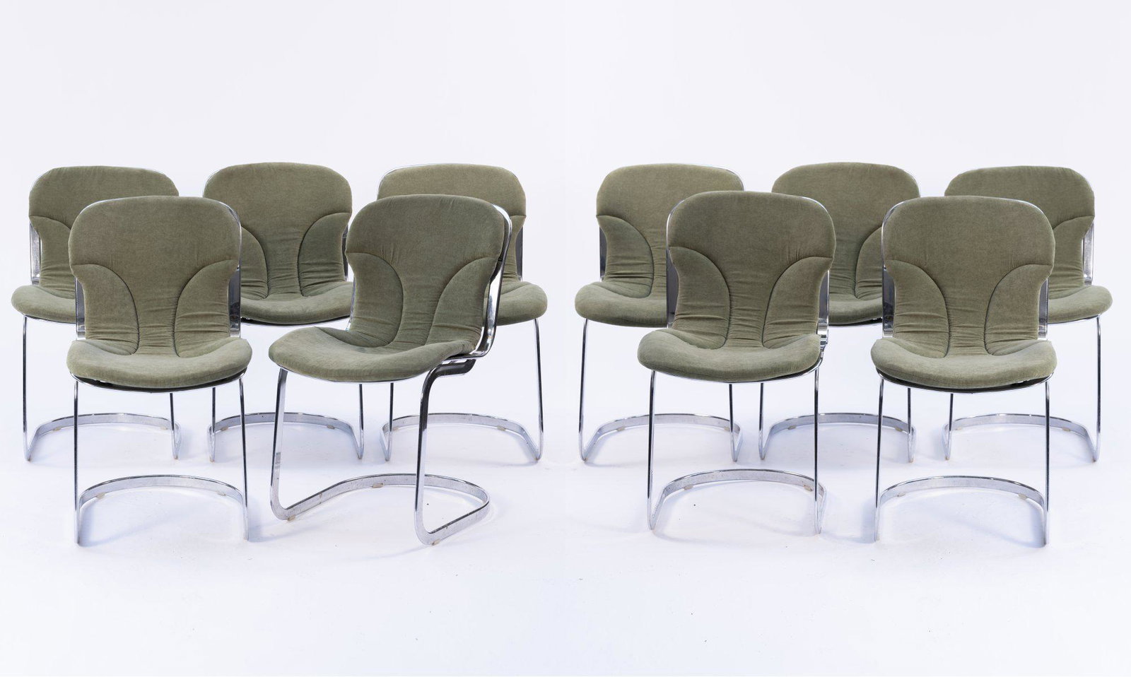 Cidue srl., Atripalda, 10 chairs, 1970s: Cidue srl., Atripalda, 10 chairs, 1970s, H. 81.5 x 45.5 x 64.5 cm. Sectional steel, chrome-plated, metal wire, chrome-plated, green textile cover. Marked: Manufacturer's label. ,