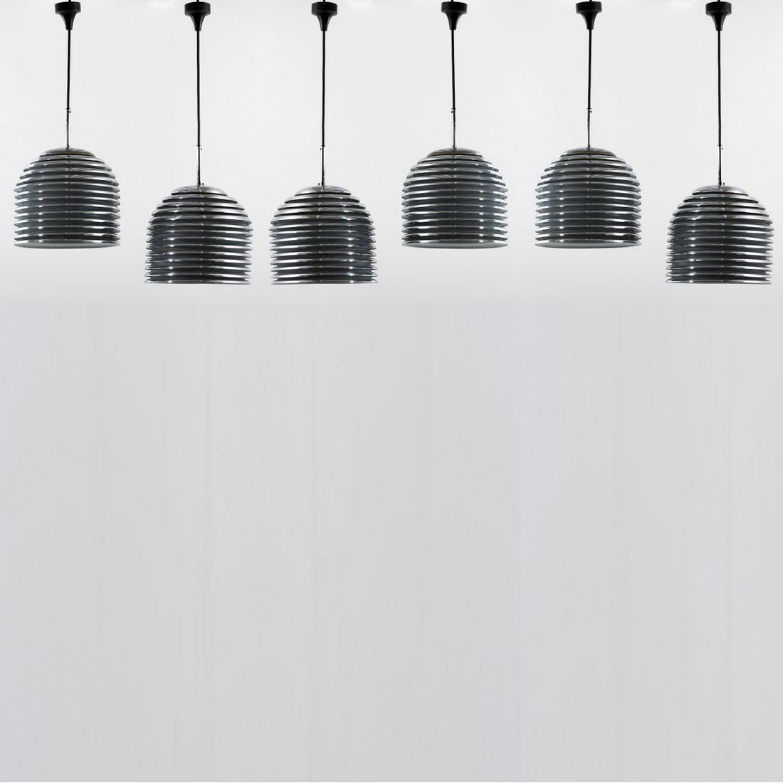 Kazuo Motozawa, 6 'Saturno' ceiling lights, 1972: Kazuo Motozawa, 6 'Saturno' ceiling lights, 1972, H. 40 cm, D. 30 cm. Made by Staff & Schwarz Leuchten, Lemgo. Sheet metal, chrome-plated, painted white inside. Marked: Label with wattage., Fiell,