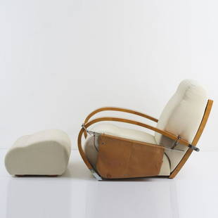 Jaime Tresserra, 'Casablanca' armchair with ottoman and: Jaime Tresserra, 'Casablanca' armchair with ottoman and newspaper compartment, 1987, Armchair: H. 82 x 80 x 115 cm; Ottoman: H. 33 x 62 x 55 cm. Made by Tresserra Collection, Madrid. Walnut, walnut ve