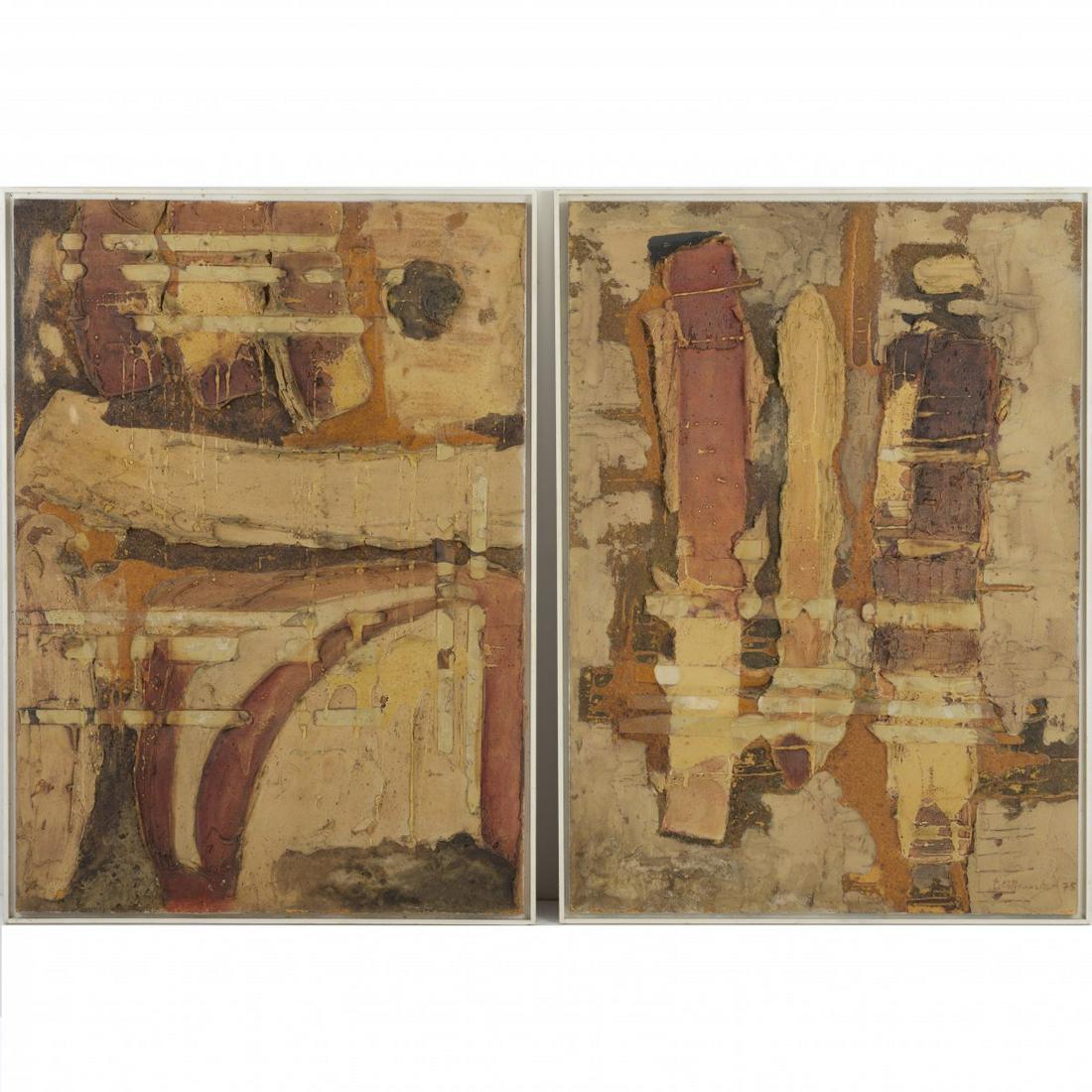 Helmut Friedrich Schäffenacker (1921 Ulm - 2010: Helmut Friedrich Schäffenacker (1921 Ulm - 2010 ibid.), Untitled (two abstract paintings), c. 1970, Mixed media with ceramic addition on plywood. Each 102.72 x 72.0 (painting), 105.5 x 75.5 cm (f