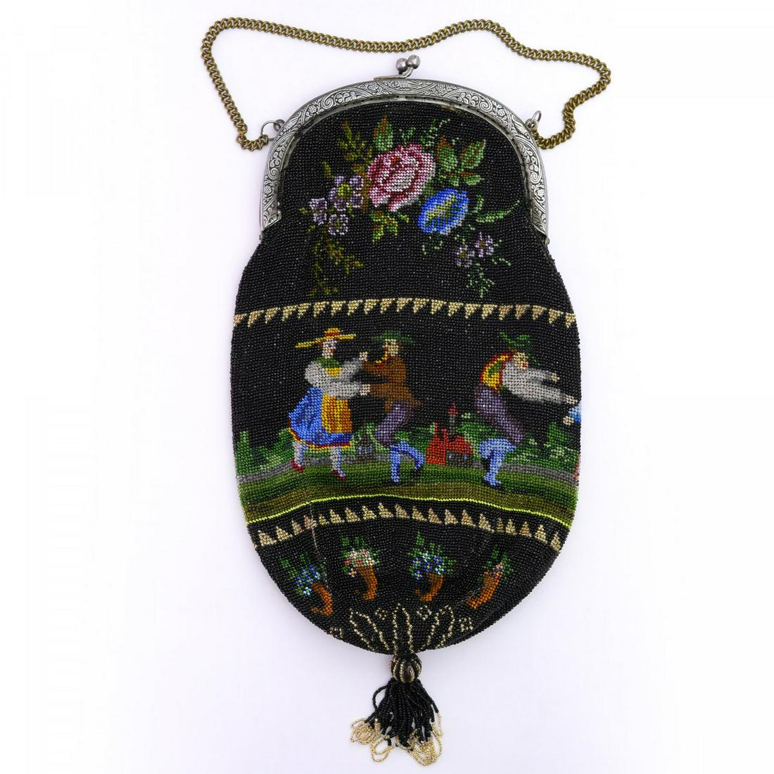 Bag with musicians and dancers, second half of the 19th: Bag with musicians and dancers, second half of the 19th century, H. 35 x 17.5 cm. Polychrome beadwork, textile lining, metal braces, brass chain, beaded wooden ball.,