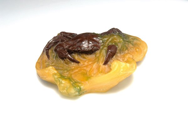 Daum Freres, Nancy: Daum Freres, Nancy. 'Crab' ashtray, 1912-14, 15 x 15.5 cm. Designed by Amalric Walter. Pate de verre, translucid gather, mostly amber-coloured and green, powder fusion in brown. Signed: DAUM NANCY, cr