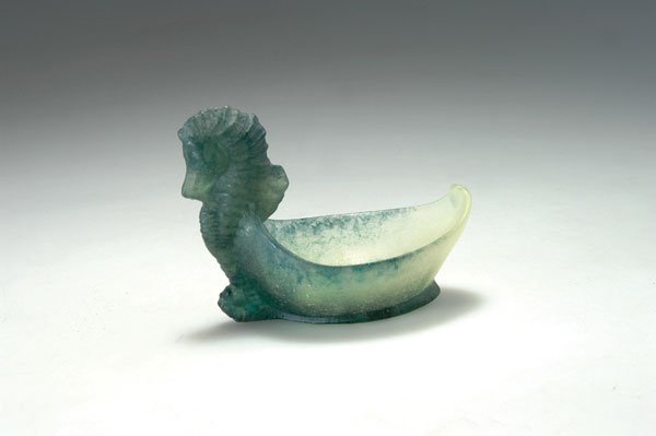 Walter, Amalric, Nancy: Amalric Walter, Nancy. 'Hypocampe' bowl, 1920s. With seahorse. L. 12.4 cm. Designed by E. Royer. Pate de verre, translucid gather, mould-melt, mostly blueish powder inclusions. Signed: AWALTER NANCY, 