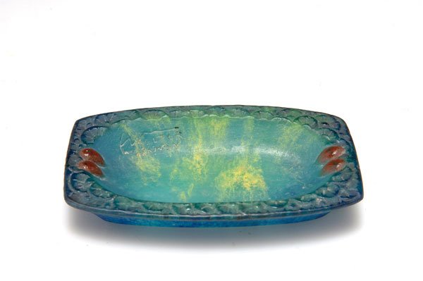 Walter, Amalric, Nancy: Amalric Walter, Nancy. Small 'Eglantines' bowl, 1920s. 13 x 7 cm. Pate de verre, translucid gather, mould-melt, blue and yellowish powder inclusions, red powder fusion. Shallow relief with buds and ro