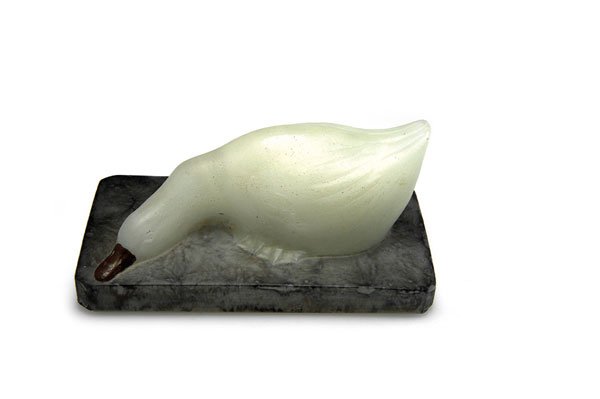 Walter, Amalric, Nancy: Amalric Walter, Nancy. Duck, 1920s. H. 5.5 cm; L. 11.9 cm. Pate de verre, translucid gather, mould-melt, mostly milky-white, grey and brown powder fusions. Signed: AWALTER NANCY.