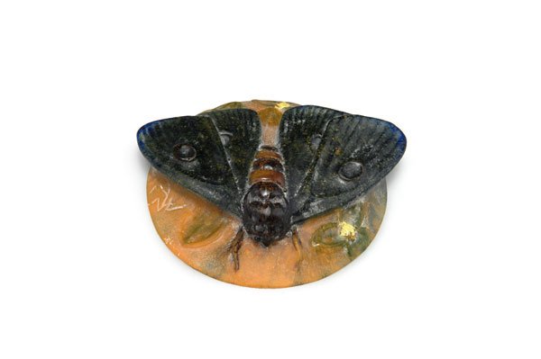 Walter, Amalric, Nancy: Amalric Walter, Nancy. 'Papillon de nuit' paperweight, 1920s. Diameter 9.7 cm. Designed by Henri Berge. Pate de verre, opaque gather, mould-melt, mostly amber-coloured, grey, brownish and green powder