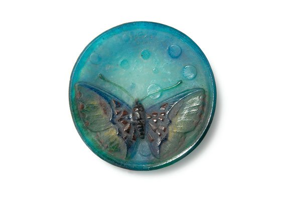 Walter, Amalric, Nancy: Amalric Walter, Nancy. 'Papillon' bowl, 1920s. Diameter 12.8 cm. Designed by Henri Berge. Pate de verre, translucid gather, mould-melt, mostly blue, large peacock butterfly, mostly brown and yellow. S