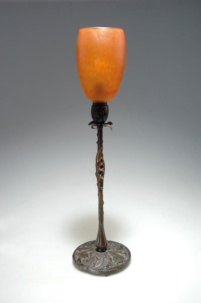 Daum Freres, Nancy: Daum Freres, Nancy. 'Chardon' table light, c. 1905. H. 50.5 cm. Cased glass, clear, yellow and orange powder inclusions, matted. Signed: DAUM NANCY, cross of Lorraine, FRANCE. Base of patinated brass