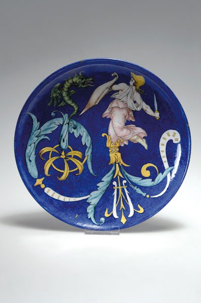 Deck, Theodore: Theodore Deck, Sevres. Decorative plate, c. 1875. Diameter 29.5 cm. Faience. Polychromatic glazing in the Renaissance style, battle of Athena against a dragon on blue ground. Signed: EF (Franois Emile
