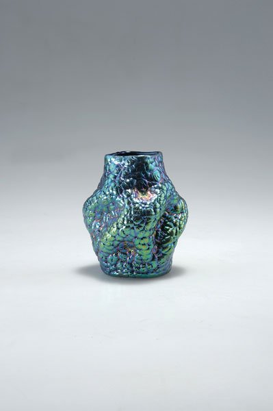 Loetz Wwe., Klostermuehle: Johann Loetz Wwe., Klostermuehle. Lava vase, 1900. H. 11 cm. Cobalt blue glass, chapped lava-like surface, Phaenomen Gre 377, strong matt mother-of-pearl lustre.