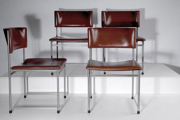 Cees Braakman. Four chairs, designed c. 1960. H. 7: Cees Braakman. Four chairs, designed c. 1960. H. 79 x 48.5 x 53.5 cm. Made by UMS Pastoe, Utrecht. Matt chrome-plated tubular steel, brown leather. Marked: remains of labels with numbers.