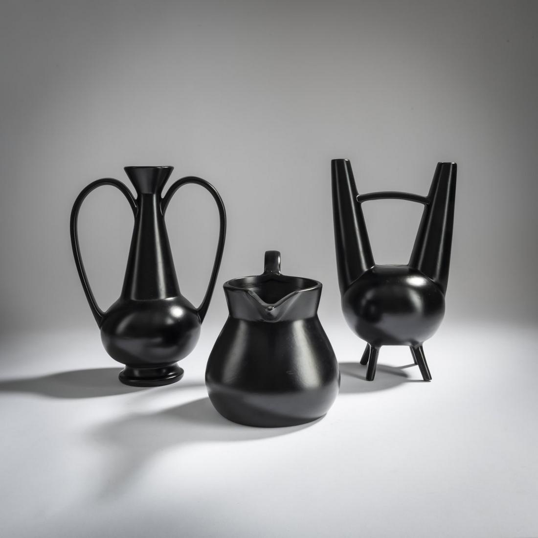 Gio Ponti, 2 vases with handles and a 'Buccheri' jug,: Gio Ponti, 2 vases with handles and a 'Buccheri' jug, 1940, H. 17.3-29 cm. Made by Carlo Alberto Rossi, Gubbio. Faience, glazed black.,