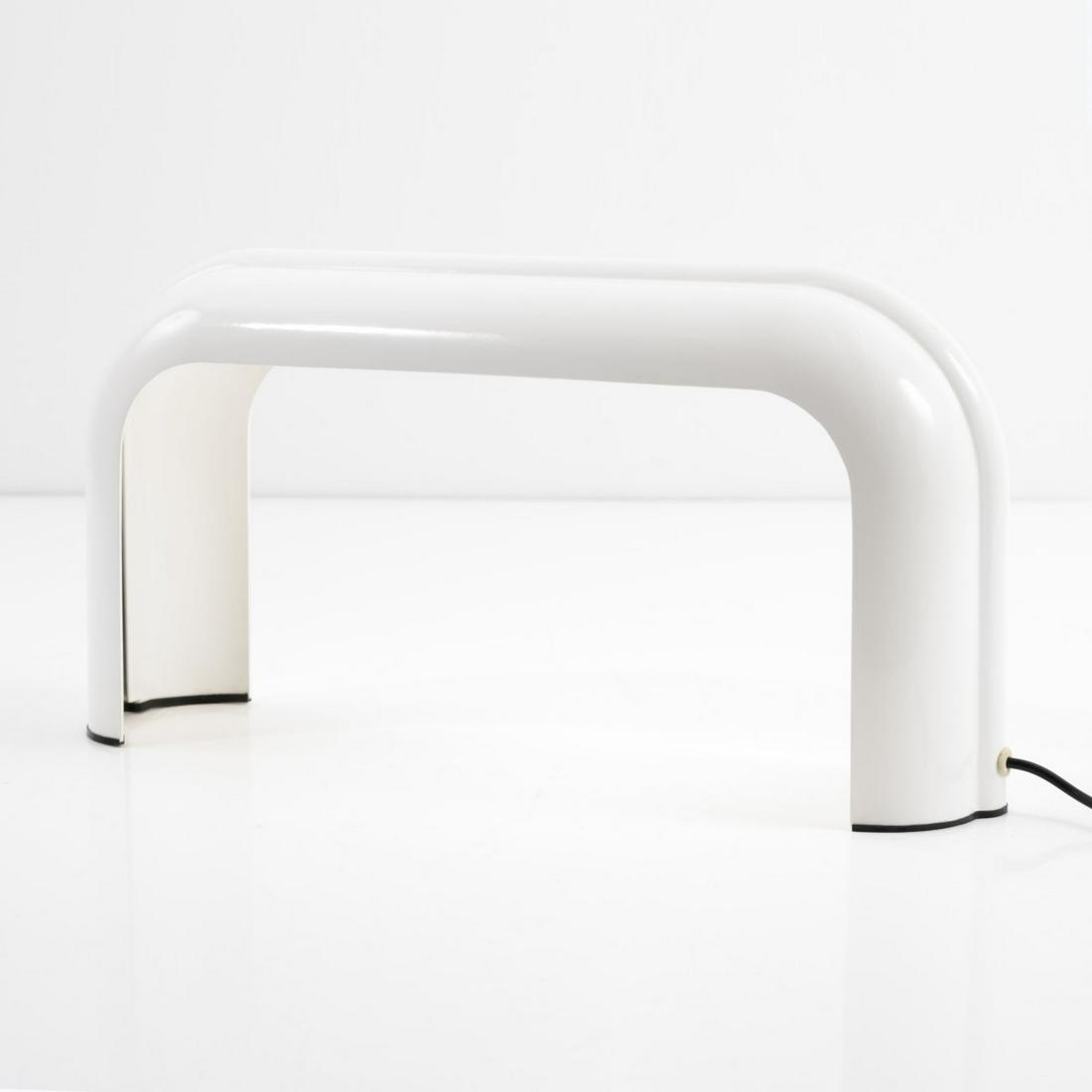 Luciano Annichini, Table light 'Eco', c. 1972: Luciano Annichini, Table light 'Eco', c. 1972, H. 25.5 x 52.5 x 13.5 cm. Made by Artemide, Milan. Cast metal, painted white, black plastic. Marked: manufacturer's stamp.,