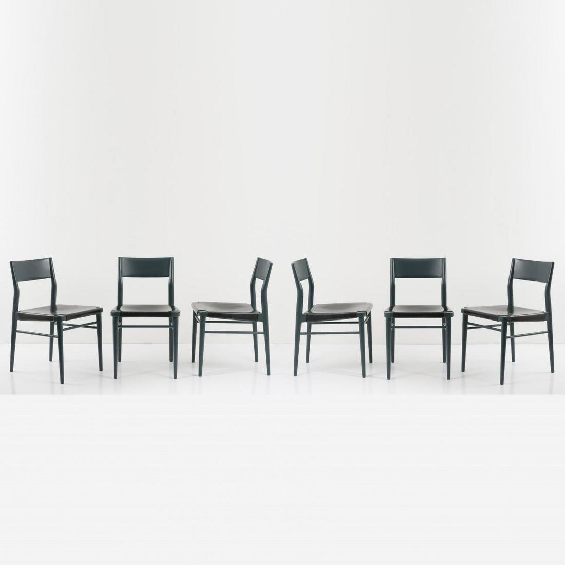 Georg Leowald, 6 chairs, 1954: Georg Leowald, 6 chairs, 1954, H. 79 x 47.5 x 45 cm. Made by Wilkhahn, Eimbeckhausen. Wood, painted dark green, black leather.,